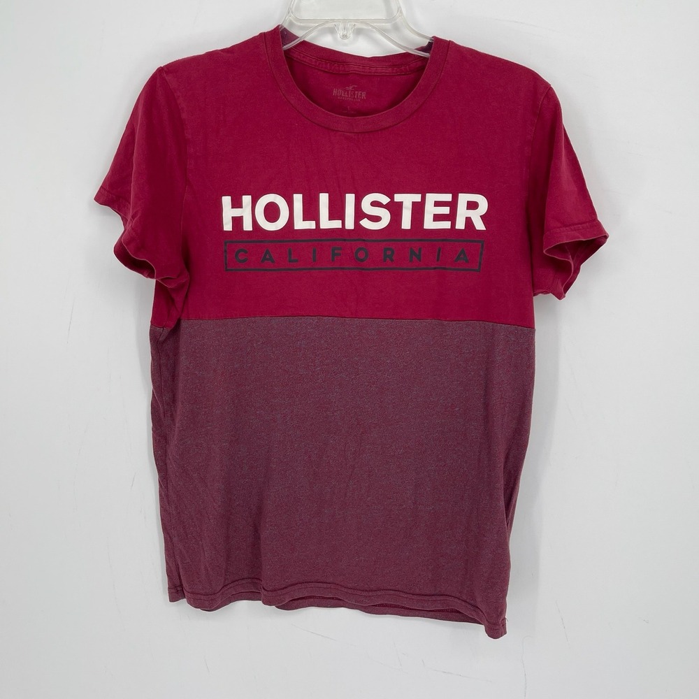 Hollister Men's Burgundy Colorblock Graphic Logo Short Sleeve Tee T-Shirt Size S